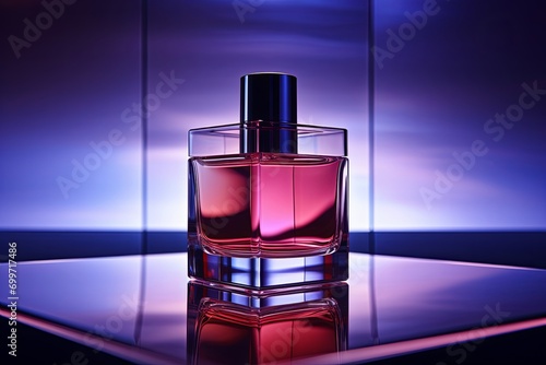 Cosmetic advertising photo, blue transparent vertical square glass container, dramatic and strong light, impressive red shadow, background with shining light, true overhead view