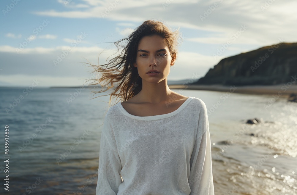 a woman standing on a beach with her hair blowing in the wind a woman standing on a beach with her hair blowing in the wind