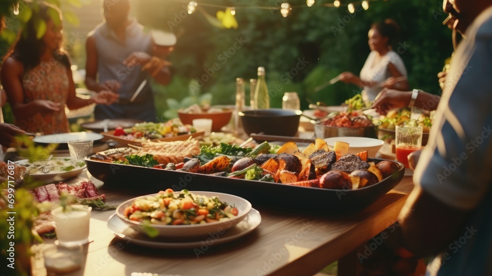 Close Up, Backyard Dinner Table with Tasty Grilled Barbecue Meat, Fresh Vegetables and Salads. Happy Joyful People Dancing to Music, Celebrating and Having Fun in the Background on House Porch Close Up, Backyard Dinner Table with Tasty Grilled Barbecue Meat, Fresh Vegetables and Salads. Happy Joyful People Dancing to Music, Celebrating and Having Fun in the Background on House Porch