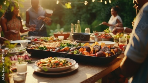Close Up, Backyard Dinner Table with Tasty Grilled Barbecue Meat, Fresh Vegetables and Salads. Happy Joyful People Dancing to Music, Celebrating and Having Fun in the Background on House Porch