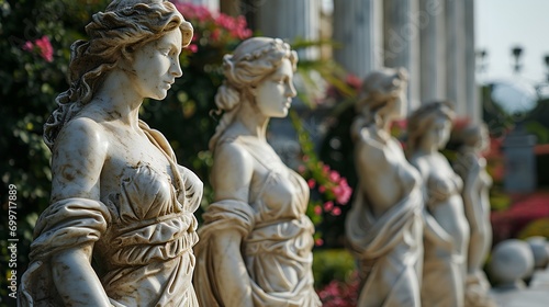 a row of statues of women standing next to each other photo