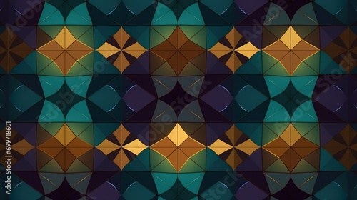Geometric seamless pattern, in the style of dark aquamarine and dark amber, orientalist imagery, dark green and purple, flat colors, ornamentation, animated mosaics, 