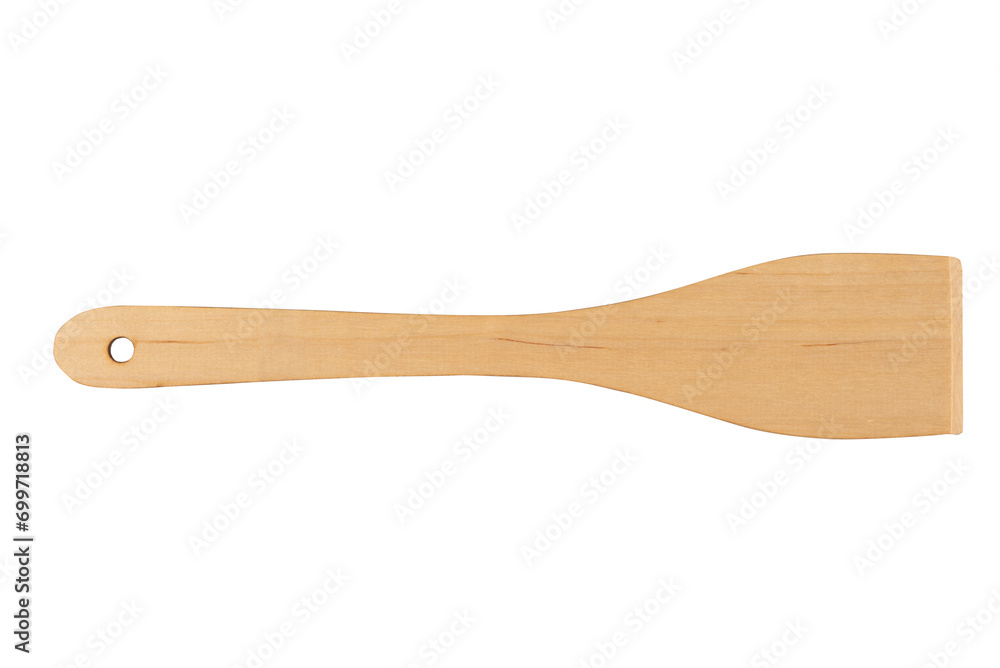 Top view of a wooden kitchen spatula on a white background. Top view of a wooden kitchen spatula on a white background.