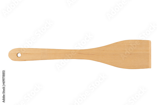 Top view of a wooden kitchen spatula on a white background.