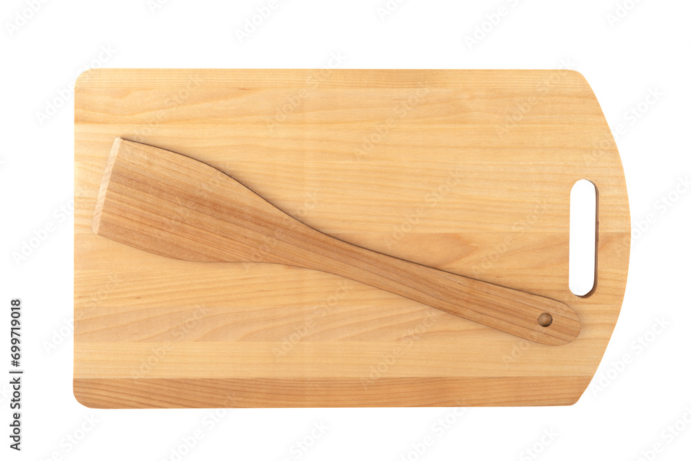 Top view of a wooden kitchen spatula and cutting board on a white background.