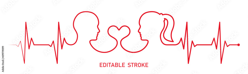 Editable red line, love couple, man, woman head, line art vector. Heart rhythm ekg vector design to use in love, healthy lifestyle, emotion, romance concept illustration projects. 