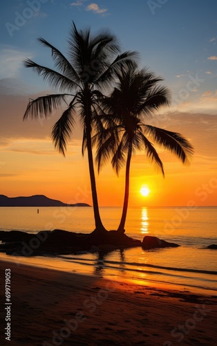 There are many tall coconut trees on the beach of Hainan Island, and the last ray of sun shines on the beach, reflecting on the rippling waves, forming a beautiful picture. 