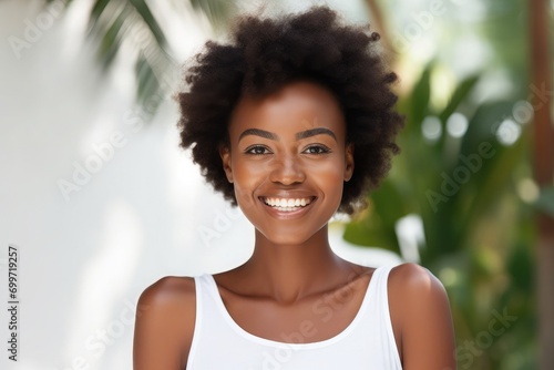 Happy Ghanaian lady with beautiful skin and normal hair, wearing all white, plain background, shot with a Canon 1DX Mark iii  photo