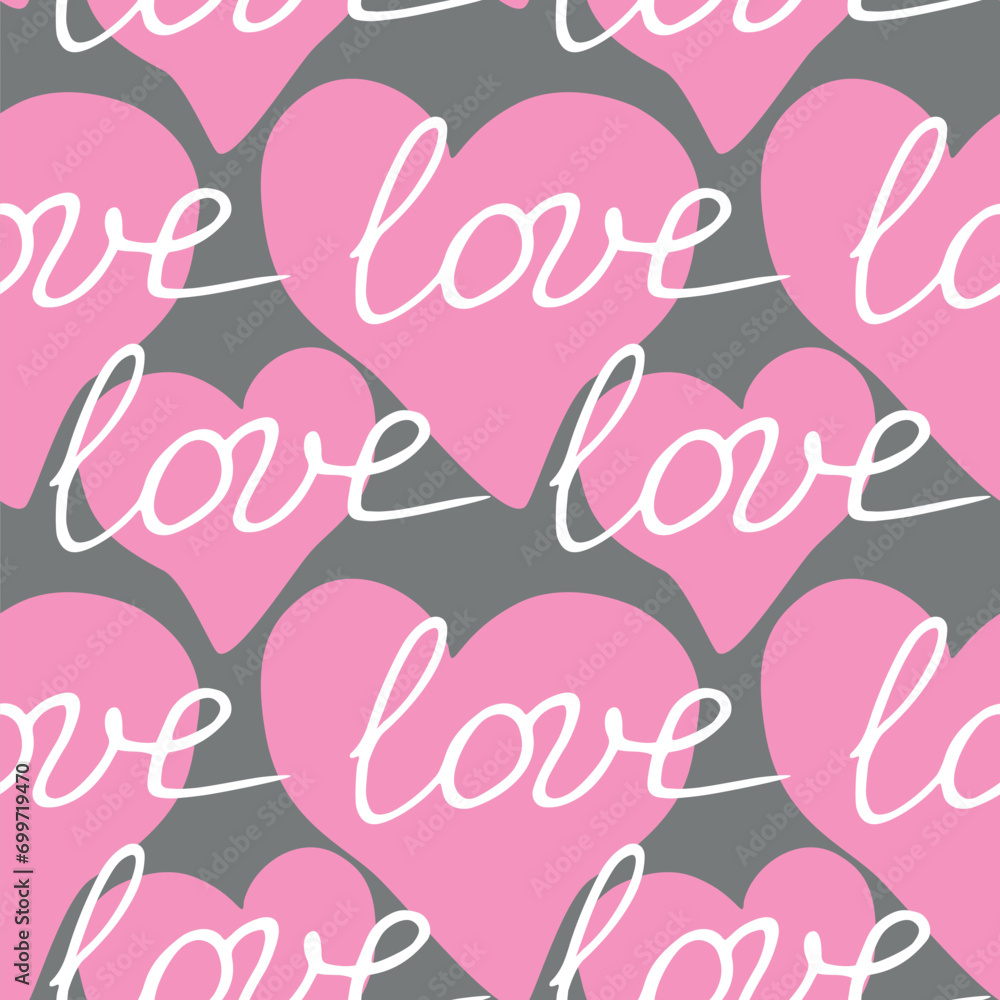 Vector pink seamless pattern with pink hearts and inscriptions - love. Romantic background texture for greeting card, holiday, Valentine's day, wedding, declaration of feelings