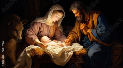 Holy family with baby jesus in the crib in style of raffael baroque painting, christnight  photo