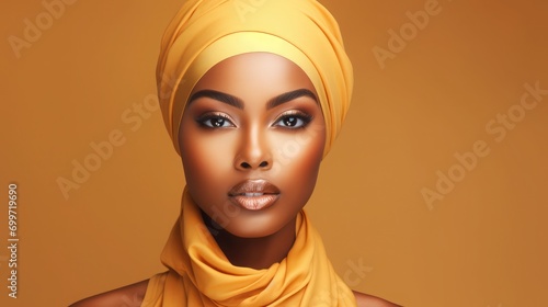 Light yellow background, beautiful South African girl with corners of mouth turned up, without makeup, skin texture on the face, no headscarf 