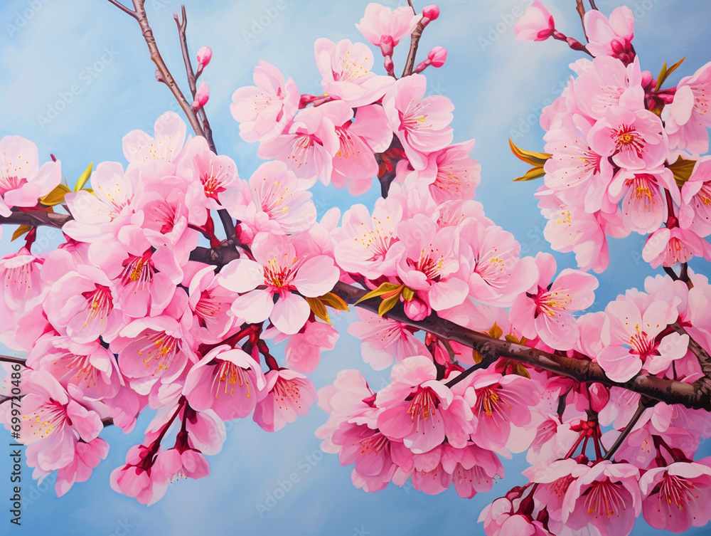 Close up cherry blossom tree branch photo with pink flowers - ai generative Close up cherry blossom tree branch photo with pink flowers - ai generative