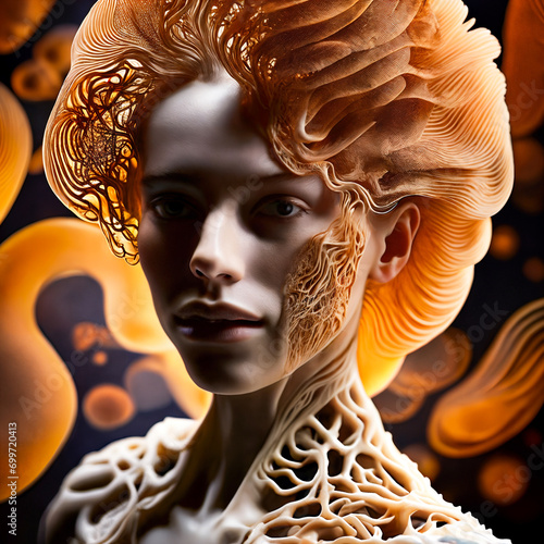 mushroom-coral human hybrid: a surreal portrait of a man whose hair and skin appear to be an extension of the texture of mushrooms and coral