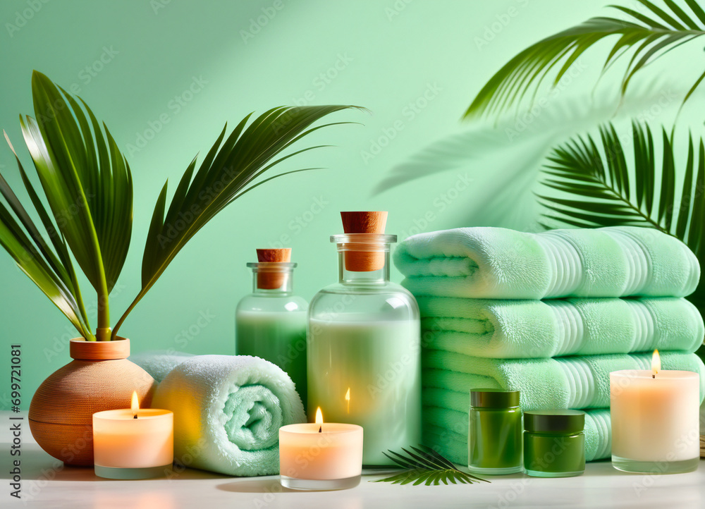 beauty spa set products background with palm leaves