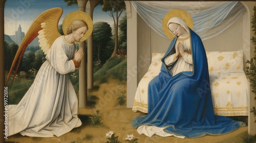 The Annunciation. The angel Gabriel is male, short black hair. He is dressed in a white robe. He is standing. His hands clasped in prayer. His head bowed. He is very respectful. 