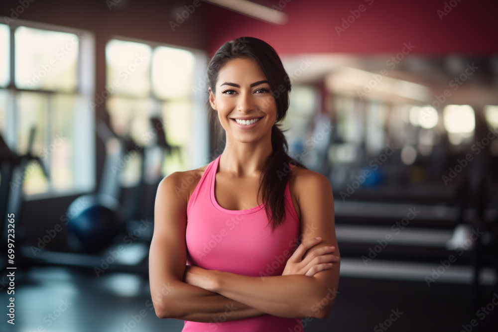 Young sports female athlete smile for blog inspiration and progress post. Fitness, exercise fitness gym portrait of woman in pink t-shirt happy about workout, training motivation, body wellness - obrazy, fototapety, plakaty 
