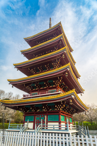 The five-story pagoda is the landmark of Sakura Garden. East Lake Cherry Blossom Garden is a popular place for flower viewing, Wuhan.