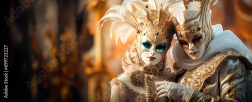  venice carnival couple at Masquerade ball at Venice with ornate masks and luxury costumes, horizontal banner, copy space for text photo