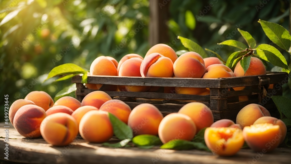 A vibrant and juicy tableau of freshly picked peaches, their golden hues radiating in the sunlight, surrounded by a verdant oasis of lush green leaves. A vibrant and juicy tableau of freshly picked peaches, their golden hues radiating in the sunlight, surrounded by a verdant oasis of lush green leaves.