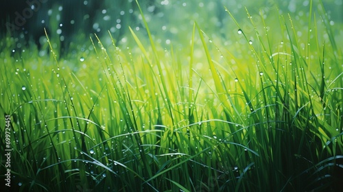 a vibrant green field, its surface adorned with dewdrops, capturing the freshness of the morning, with the sunlight casting long, soft shadows across the grass.