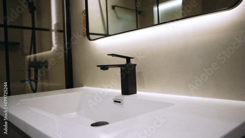 white bathroom vanity with black fixtures photo