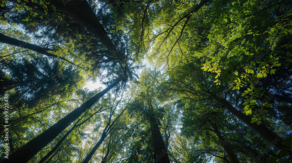vue en contre-plongée d'une forêt aux grands arbres à feuilles caduques vue en contre-plongée d'une forêt aux grands arbres à feuilles caduques