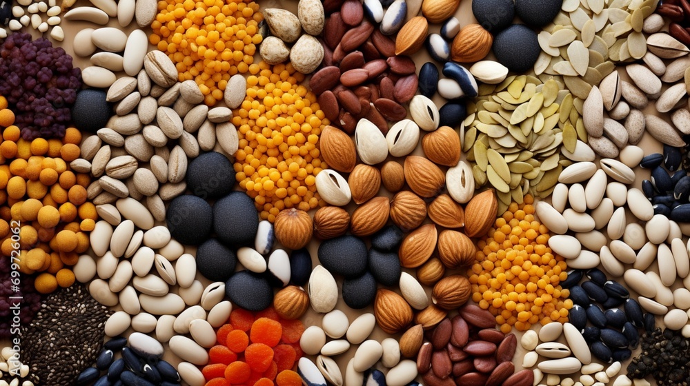 variety of seeds in different colors, arranged against a seamless background, showcasing the natural beauty and diversity of seeds in their vibrant hues.