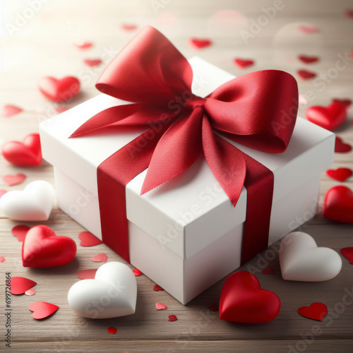 A white Gift box with red bow ribbon and hearts on wooden table for Valentines day. ai generative © Anna