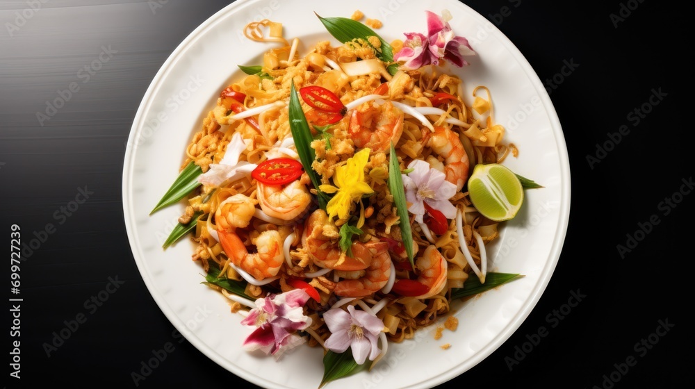 Thai style noodles , Pad thai telephoto lens white background 
