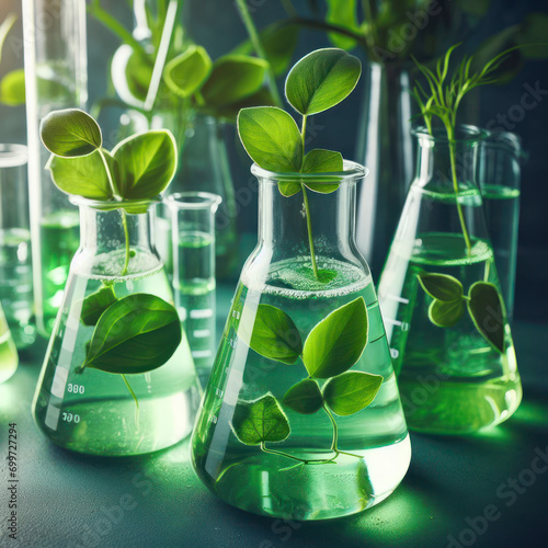 beakers plants, Green leaves in the flask filled with water, Green Chemistry. ai generative
