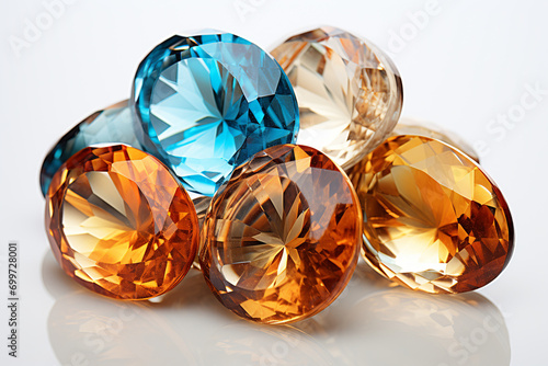 Precious blue and orange topaz crystals on white background
