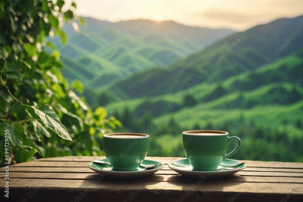Cup of coffee placed on table in green mountains landscape background. ai generative Cup of coffee placed on table in green mountains landscape background. ai generative