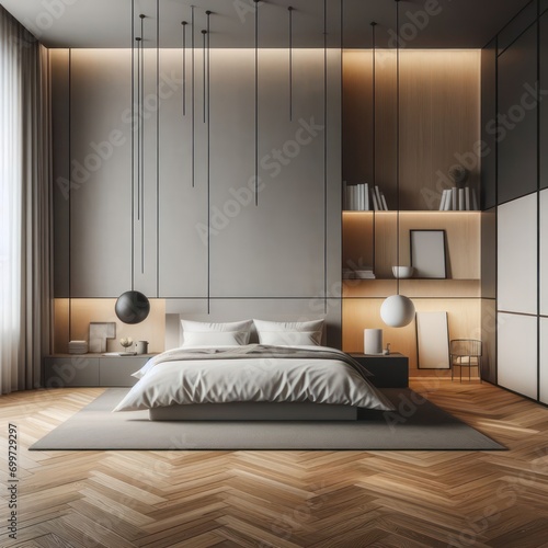 Minimalist bedroom design with wooden floors and neutral colors, in the style of xiaofei yue 