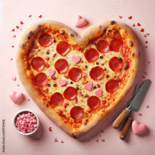 Heart shaped pizza on pink background  top view. Valentine s Day concept. ai generative