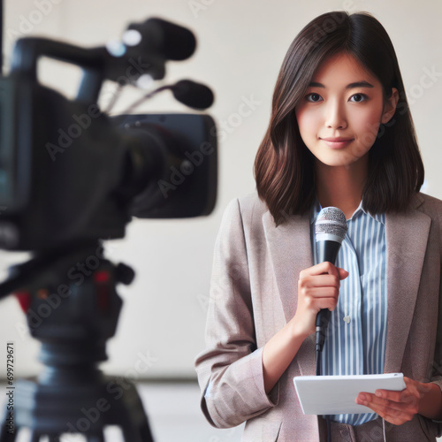female correspondent with a microphone films a report in front of a video camera. ai generative