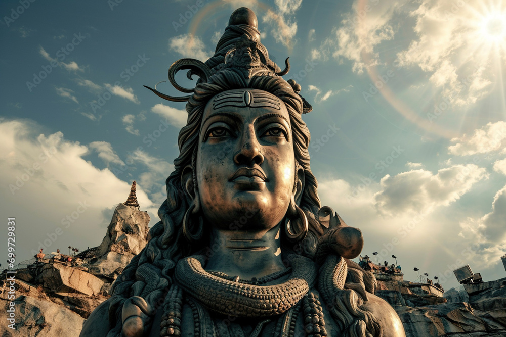 Statue of head of indian hindu Lord Shiva hand holding Trident. God Shiva epic pose with trishula, magic in hand for t-shirt print, poster. Hindu religious art Statue of head of indian hindu Lord Shiva hand holding Trident. God Shiva epic pose with trishula, magic in hand for t-shirt print, poster. Hindu religious art