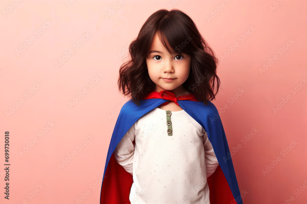kid girl wearing a vibrant superhero cape on solid color background. ai generative kid girl wearing a vibrant superhero cape on solid color background. ai generative