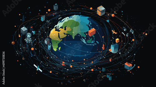 challenges of space debris in a vector art piece illustrating Earth's orbit cluttered with defunct satellites. cleanup missions 