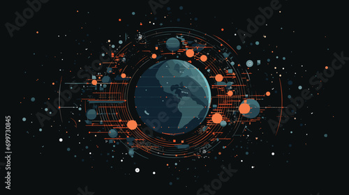 challenges of space debris in a vector art piece illustrating Earth's orbit cluttered with defunct satellites. cleanup missions 