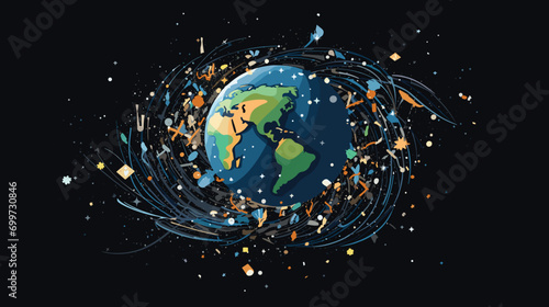 challenges of space debris in a vector art piece illustrating Earth's orbit cluttered with defunct satellites. cleanup missions  photo