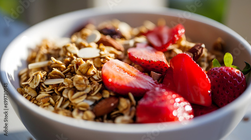 Fresh Strawberry Slices on Granola Breakfast Bowl - Generative AI