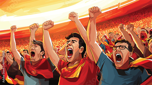 excitement fans in a vector scene featuring supporters cheering, waving flags, and creating a vibrant atmosphere in the stadium.