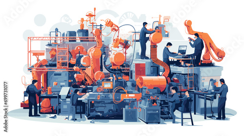 scale and precision of production in a vector art piece showcasing an array of robots and men working together on large-scale manufacturing processes. 