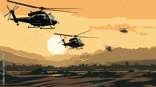military prowess of helicopters in a vector scene featuring military helicopters in action, engaged in reconnaissance, troop transport, and support missions.