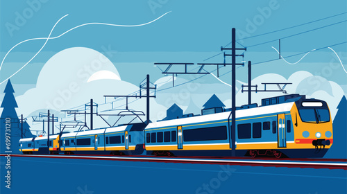 electric trains with a vector art piece showcasing trains arriving and departing from electrified stations. 