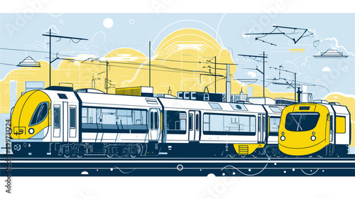 electric trains with a vector art piece showcasing trains arriving and departing from electrified stations. 