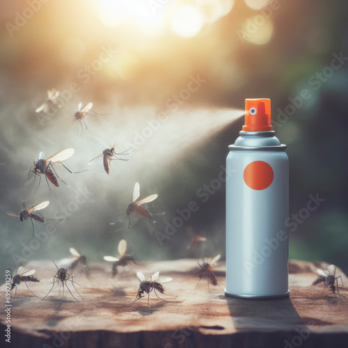 Mosquito repellent, a can of spray sprays on mosquitoes nature blured background. ai generative photo