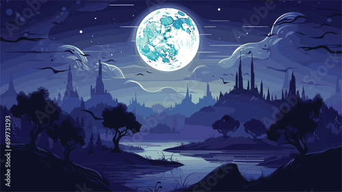 moonlit fantasy landscape in a vector scene featuring dreamlike elements under the moon's glow. fantastical elements