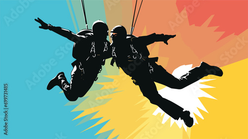 thrill of tandem skydiving in a vector scene featuring an experienced skydiving instructor and a tandem student in freefall.