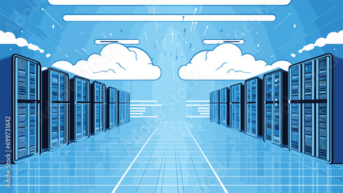 data storage with a vector art piece illustrating servers, data centers, and cloud storage. photo